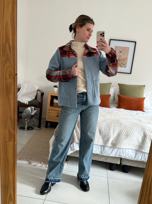 Adore Jacket With Collar - Sky Blue & Check (S/M) - ONE OF A KIND