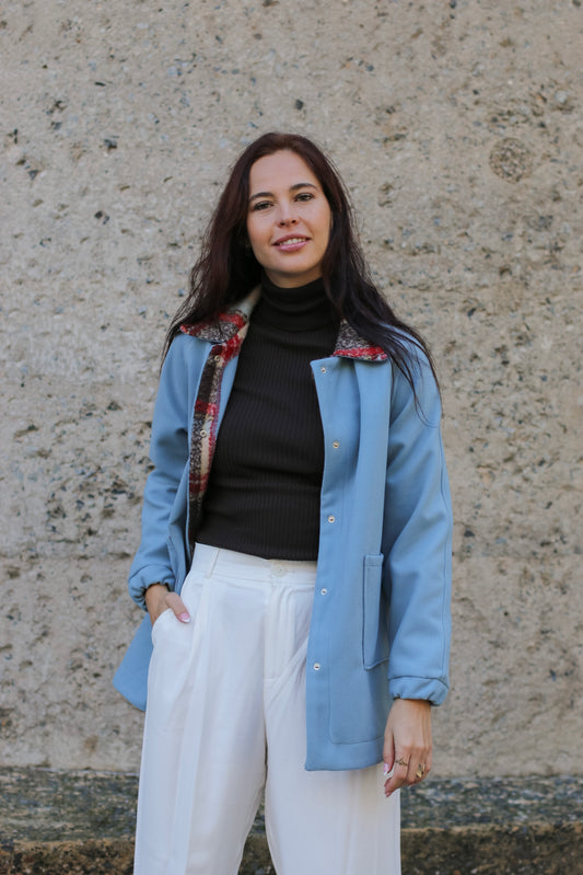 Adore Raglan Sleeve Long Jacket - Sky blue Melton & Urban Check (S/M) - ONE OF A KIND