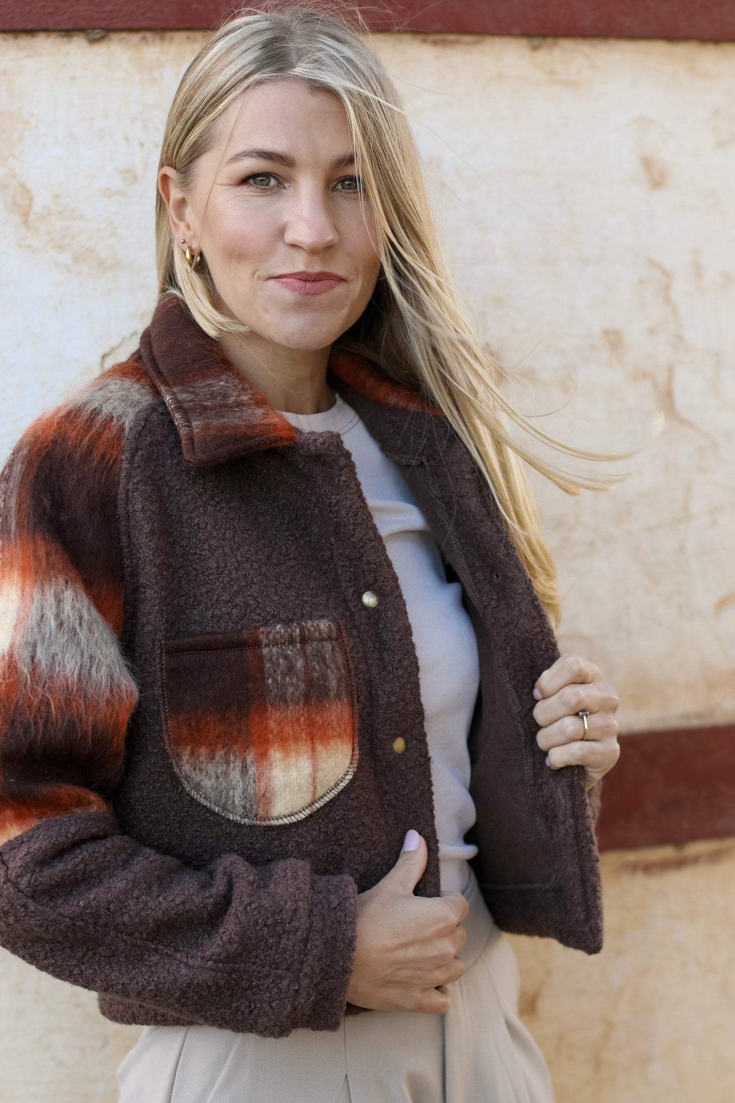 Adore Crop Raglan Jacket- Rust Check & Chocolate Teddy (S/M) - ONE OF A KIND