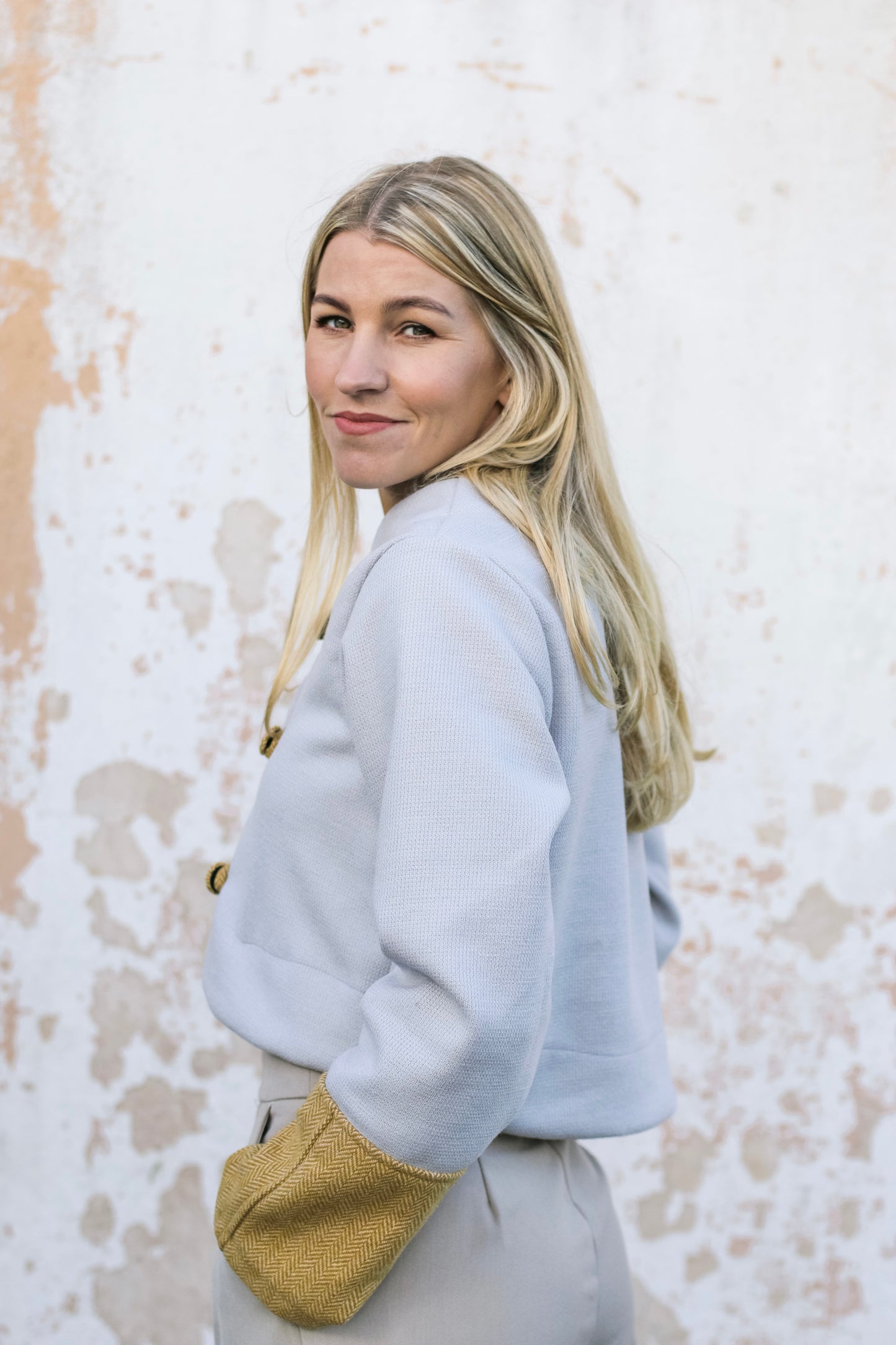 Adore Cover Button Crop Jacket - Dove Grey & Mustard Herringbone (XS/S)- ONE OF A KIND