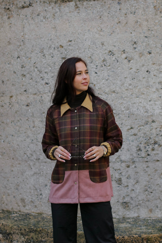 Adore Raglan Sleeve Long Jacket - Multi-colour Check & Pink Suede Scuba (S/M) - ONE OF A KIND