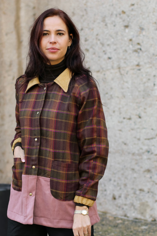 Adore Raglan Sleeve Long Jacket - Multi-colour Check & Pink Suede Scuba (S/M) - ONE OF A KIND