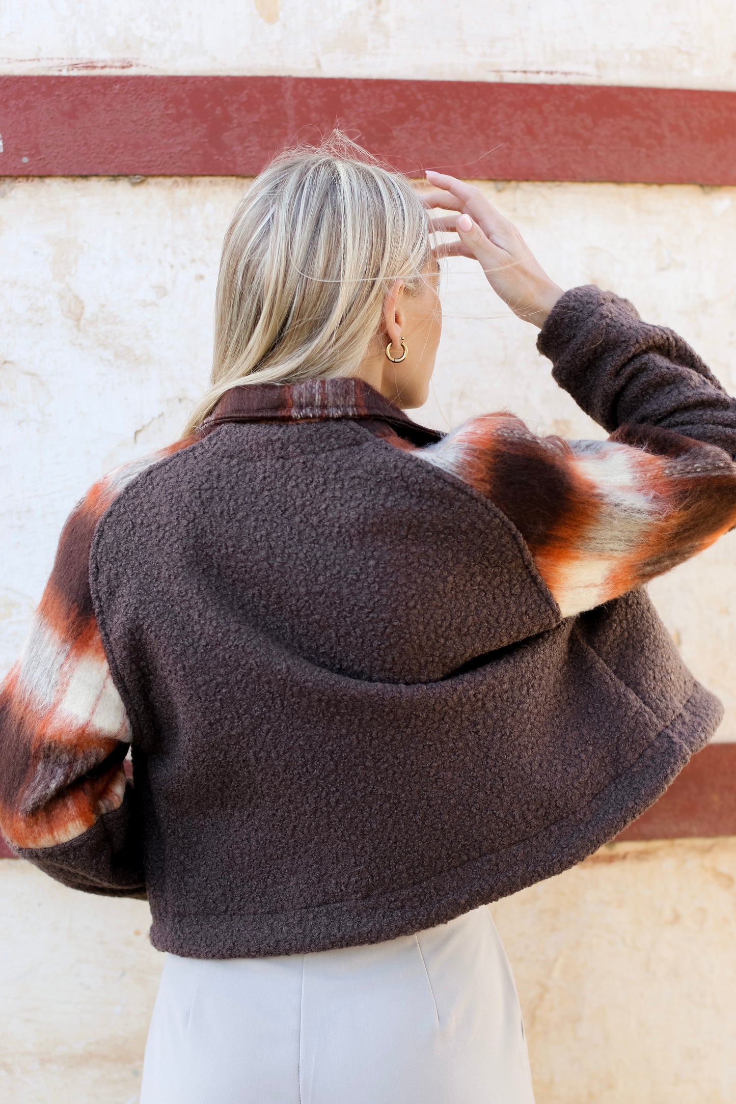 Adore Crop Raglan Jacket- Rust Check & Chocolate Teddy (S/M) - ONE OF A KIND