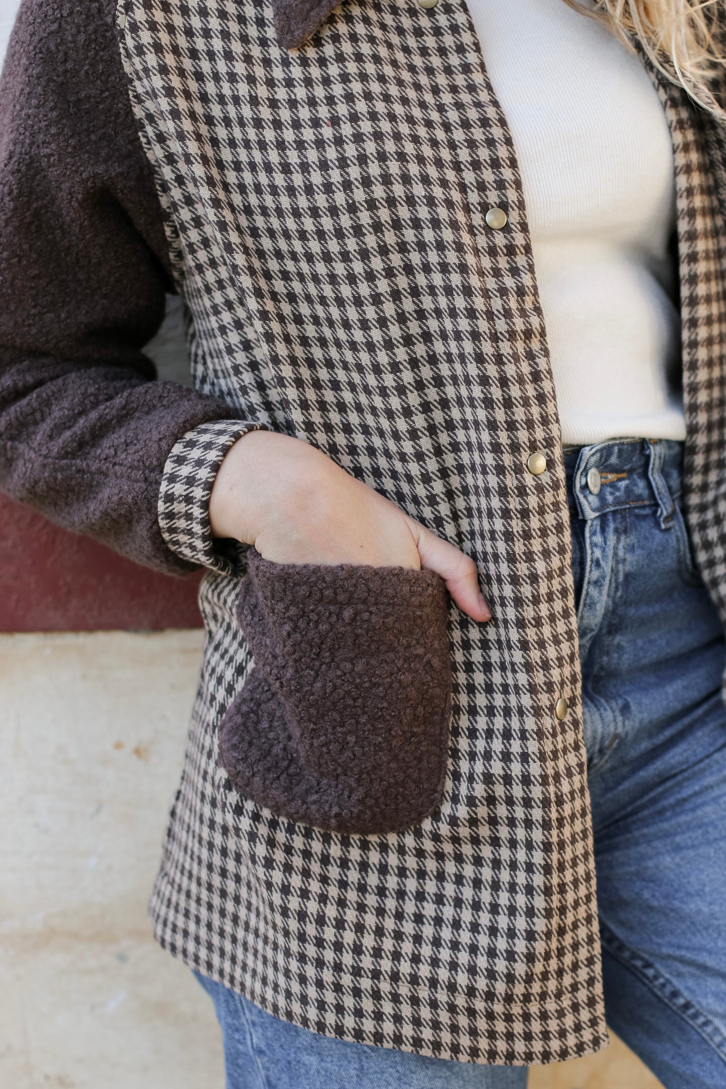 Adore Raglan Sleeve Long Jacket - Chocolate Teddy & Houndstooth (M/L) - ONE OF A KIND