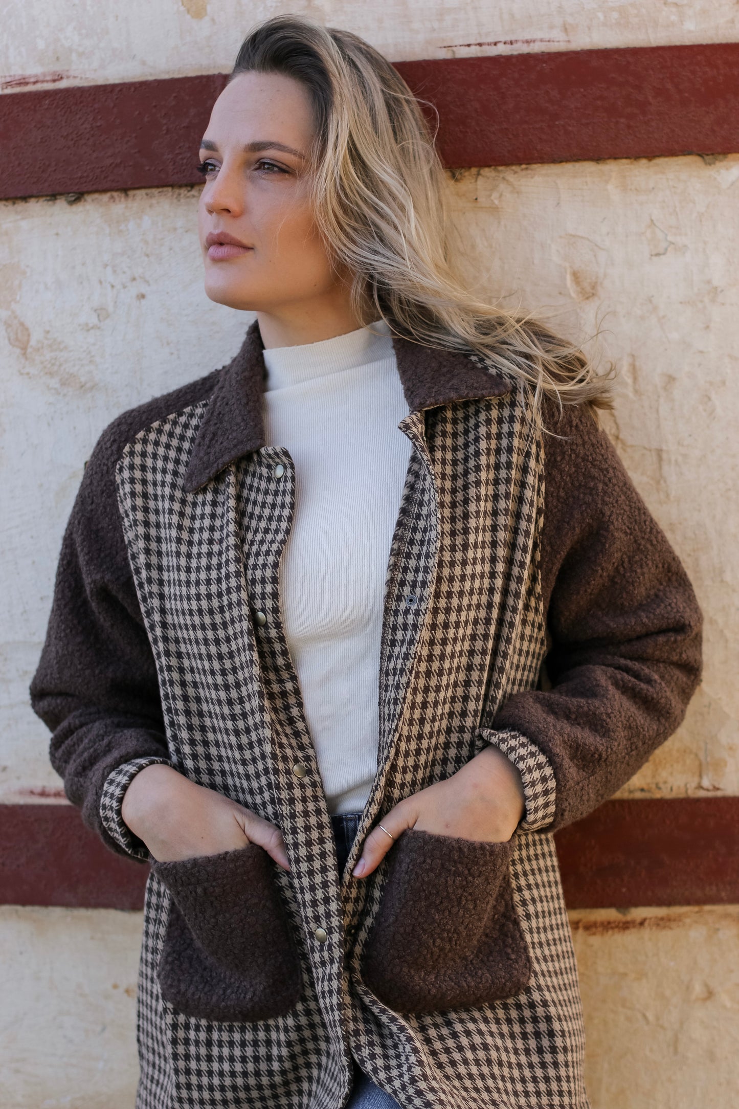 Adore Raglan Sleeve Long Jacket - Chocolate Teddy & Houndstooth (M/L) - ONE OF A KIND
