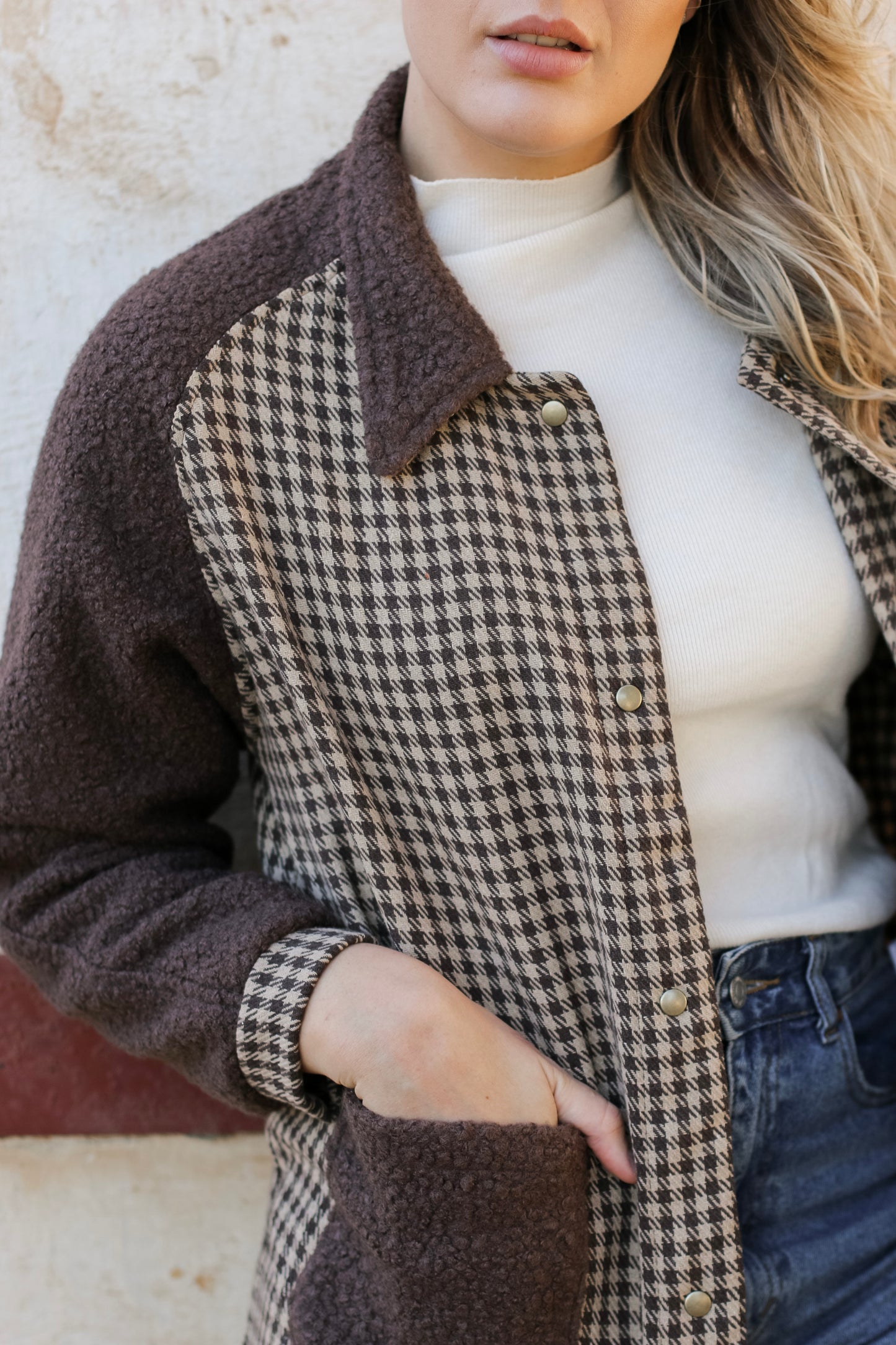 Adore Raglan Sleeve Long Jacket - Chocolate Teddy & Houndstooth (M/L) - ONE OF A KIND