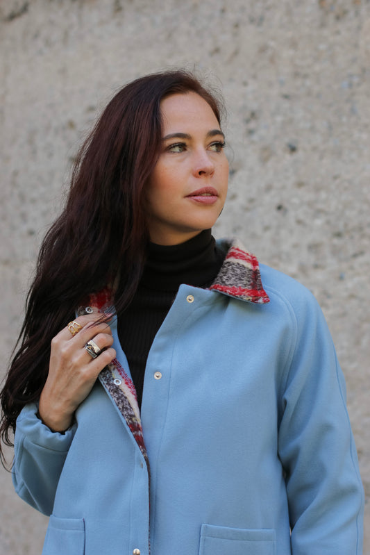 Adore Raglan Sleeve Long Jacket - Sky blue Melton & Urban Check (S/M) - ONE OF A KIND