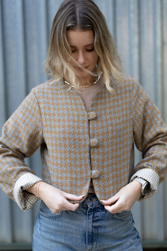 Golden Mustard & Light Grey Houndstooth Crop Jacket- 100% Wool (Lined)