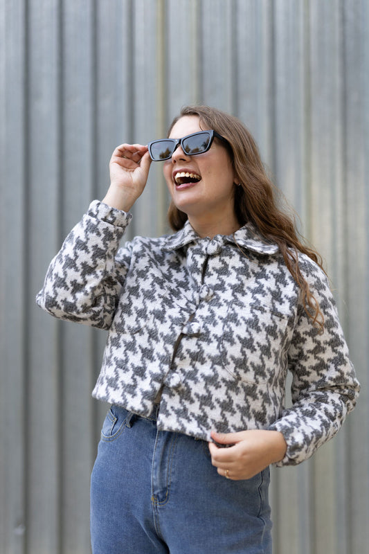 Grey Houndstooth Raglan Crop Jacket