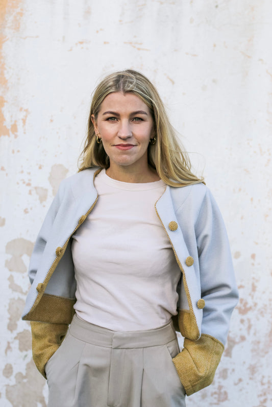 Adore Cover Button Crop Jacket - Dove Grey & Mustard Herringbone (XS/S)- ONE OF A KIND