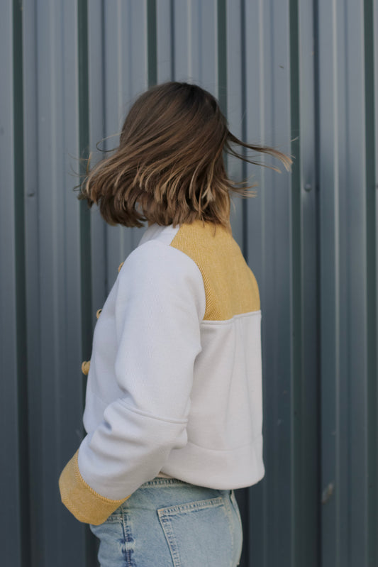Adore Cover Button Crop Jacket - Half Mustard & Half Grey (S/M)- ONE OF A KIND
