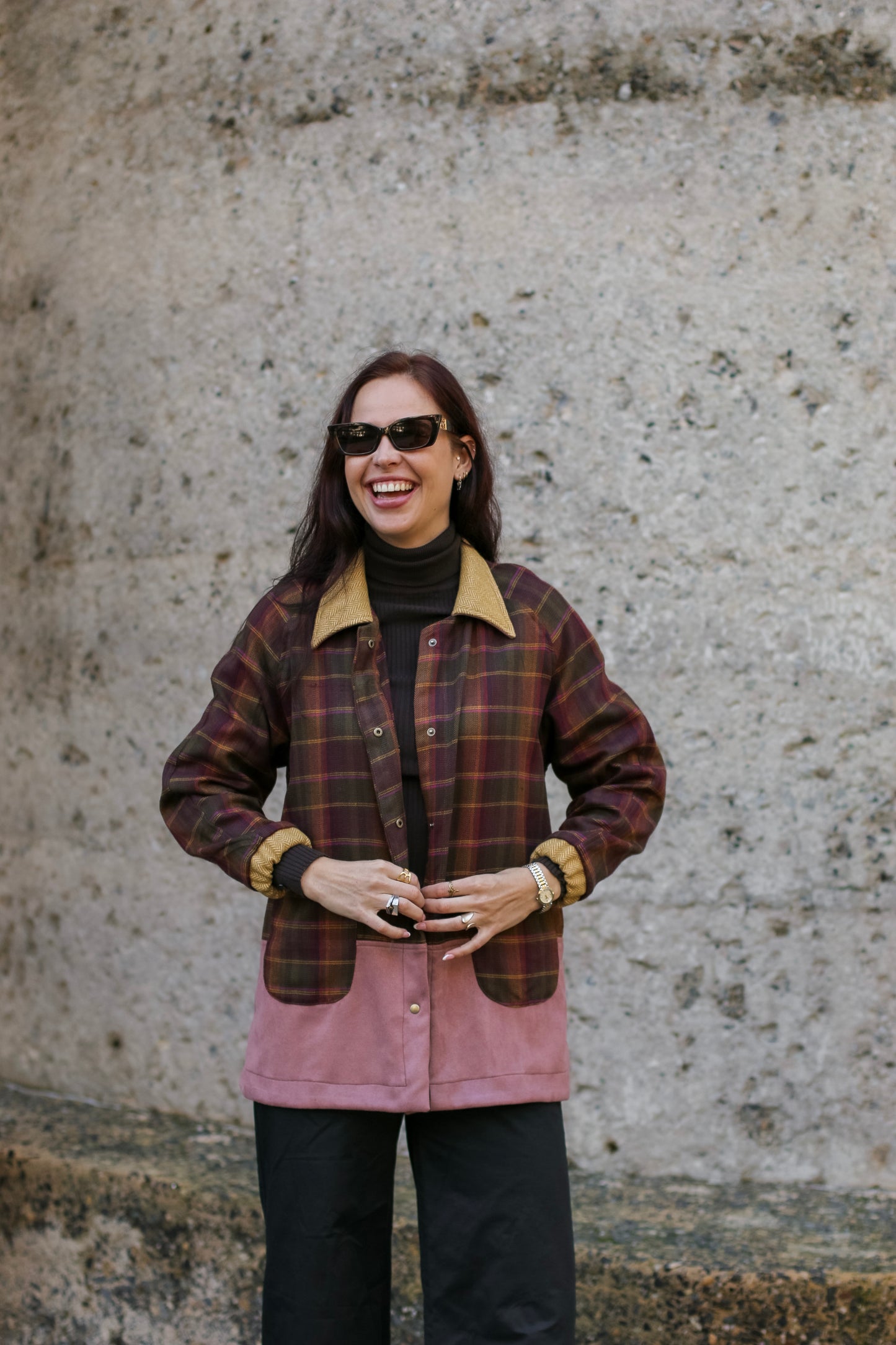 Adore Raglan Sleeve Long Jacket - Multi-colour Check & Pink Suede Scuba (S/M) - ONE OF A KIND