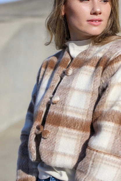 Beige & Brown Check - Crop Lined Jacket