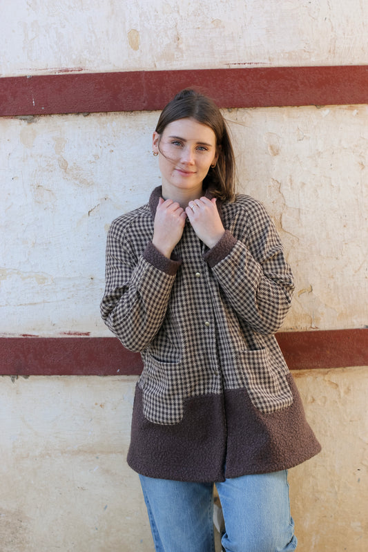 Adore Raglan Sleeve Long Jacket - Houndstooth & Chocolate Teddy (S/M) - ONE OF A KIND