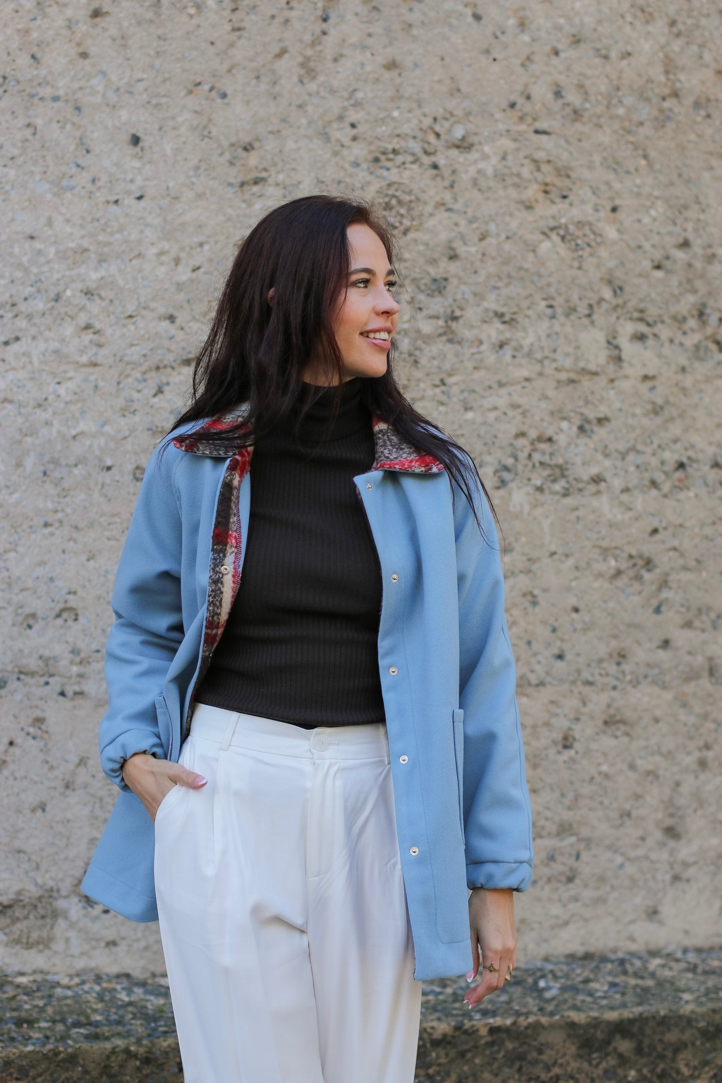 Adore Raglan Sleeve Long Jacket - Sky blue Melton & Urban Check (S/M) - ONE OF A KIND