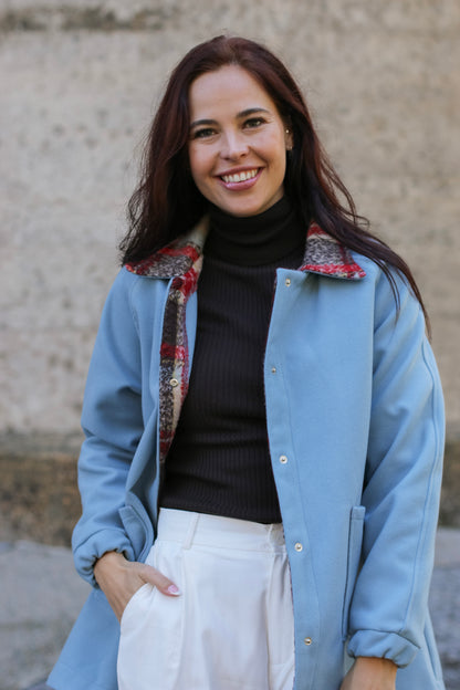 Adore Raglan Sleeve Long Jacket - Sky blue Melton & Urban Check (S/M) - ONE OF A KIND