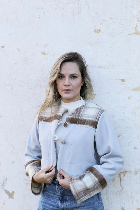 Adore Cover Button Crop Jacket - Beige and Brown Check & Dove Grey (M/L)- ONE OF A KIND