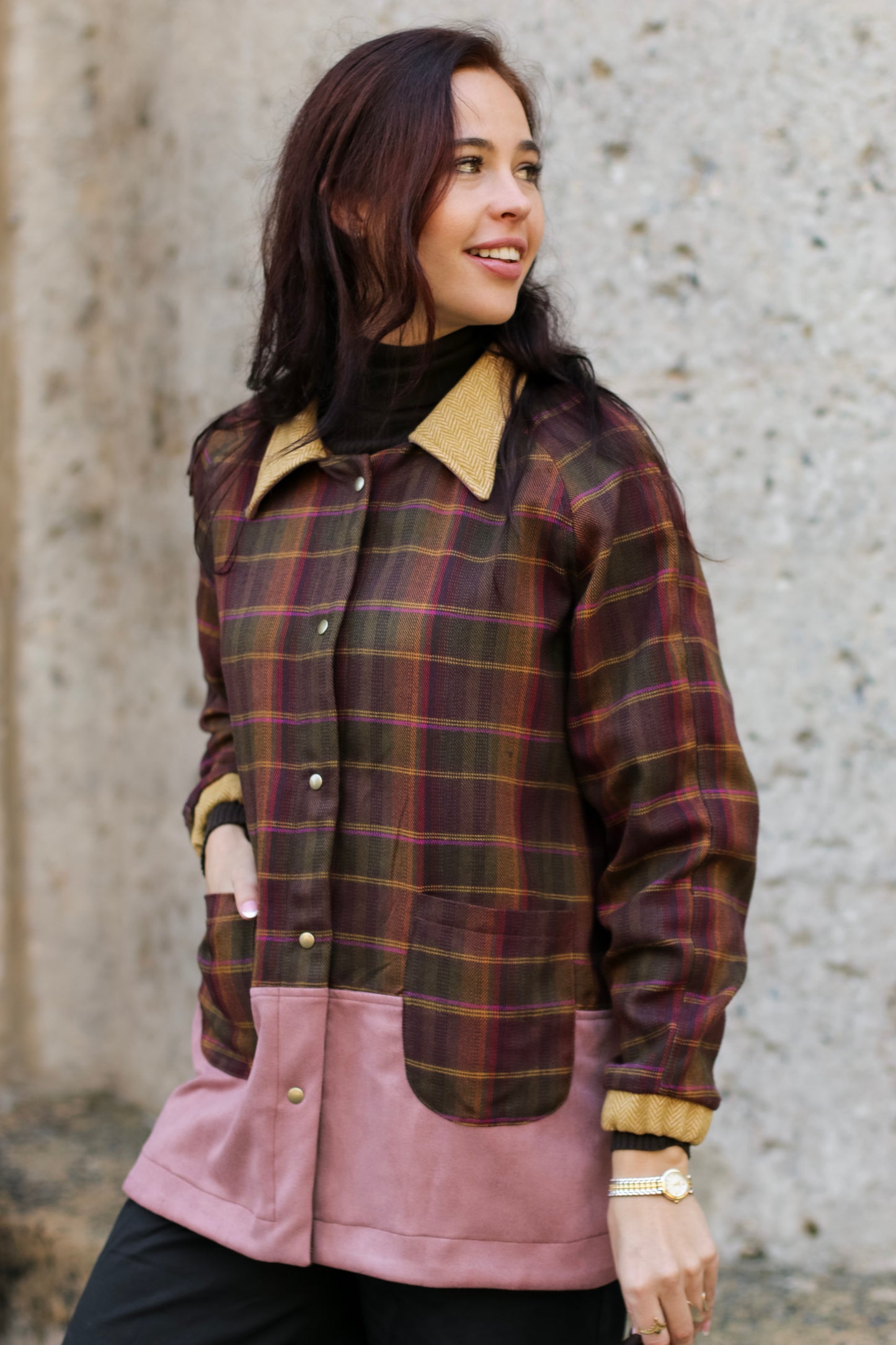 Adore Raglan Sleeve Long Jacket - Multi-colour Check & Pink Suede Scuba (S/M) - ONE OF A KIND