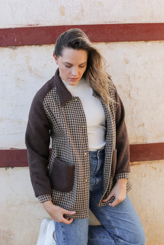 Adore Raglan Sleeve Long Jacket - Chocolate Teddy & Houndstooth (M/L) - ONE OF A KIND