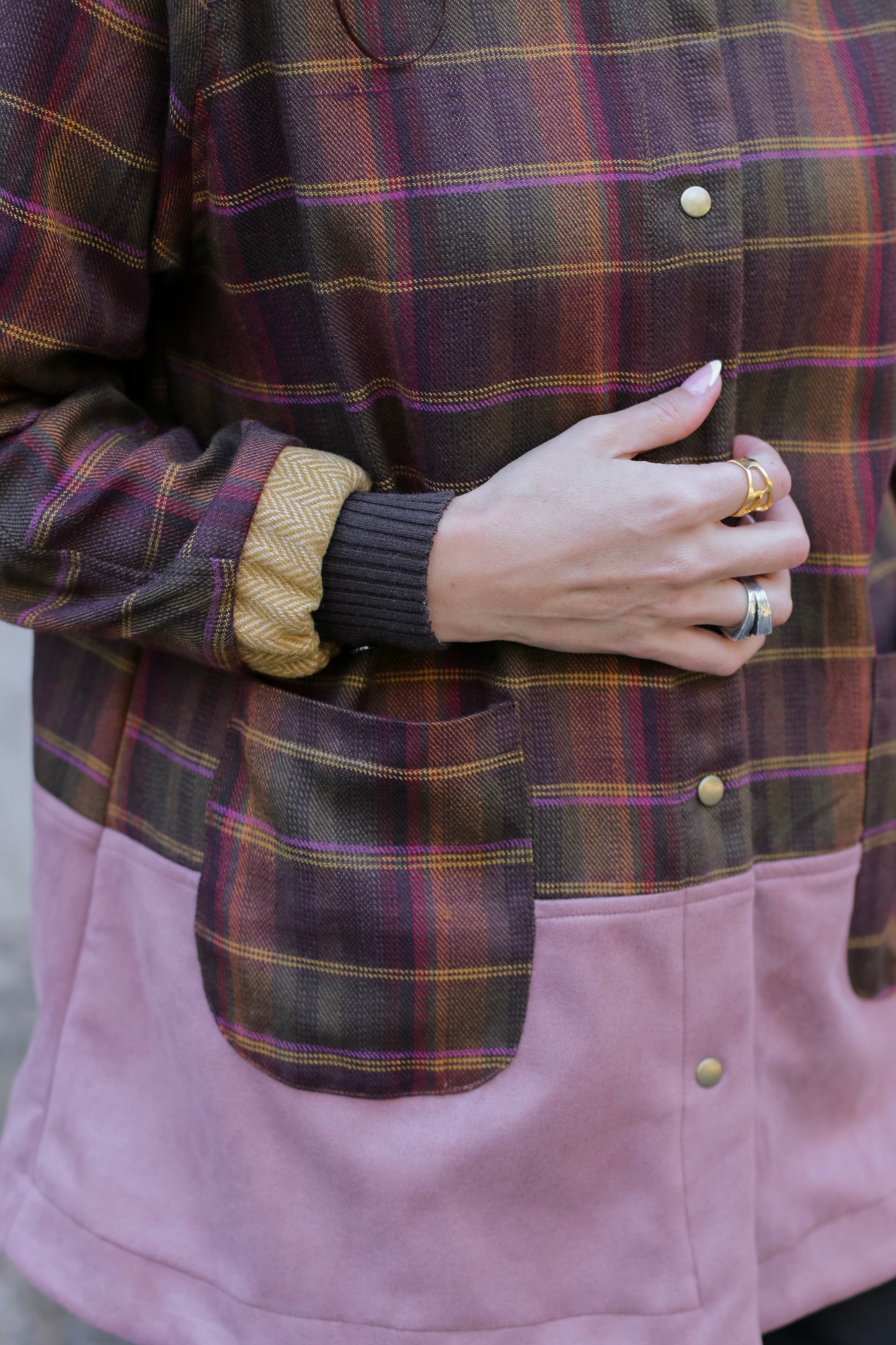 Adore Raglan Sleeve Long Jacket - Multi-colour Check & Pink Suede Scuba (S/M) - ONE OF A KIND