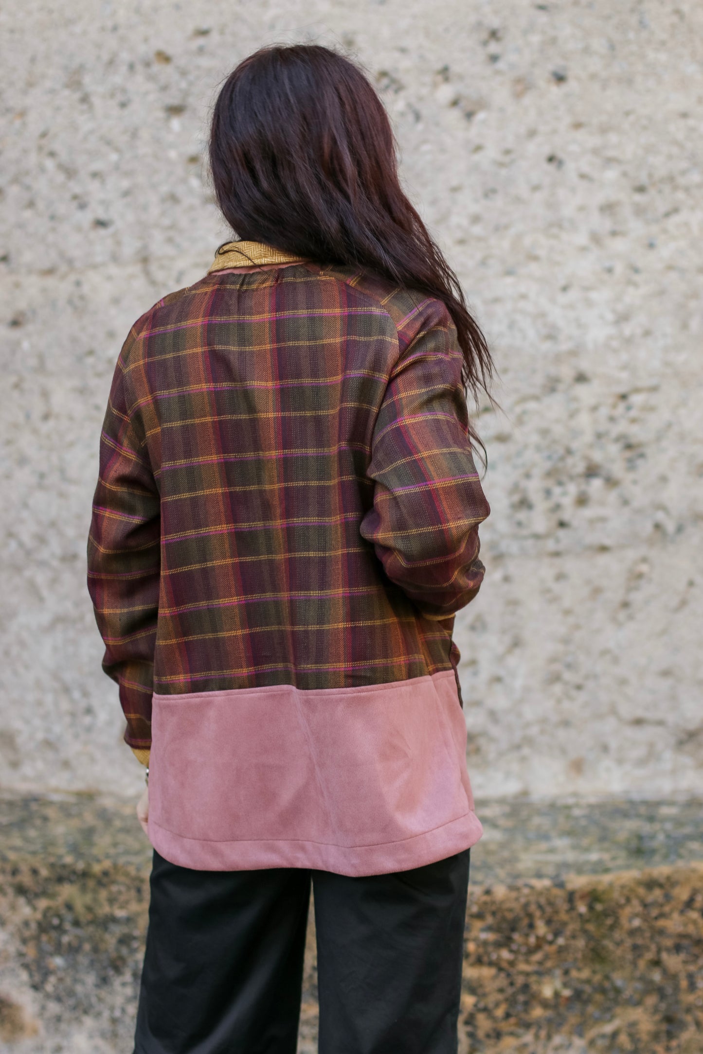 Adore Raglan Sleeve Long Jacket - Multi-colour Check & Pink Suede Scuba (S/M) - ONE OF A KIND