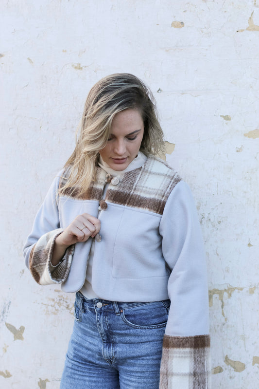 Adore Cover Button Crop Jacket - Beige and Brown Check & Dove Grey (M/L)- ONE OF A KIND