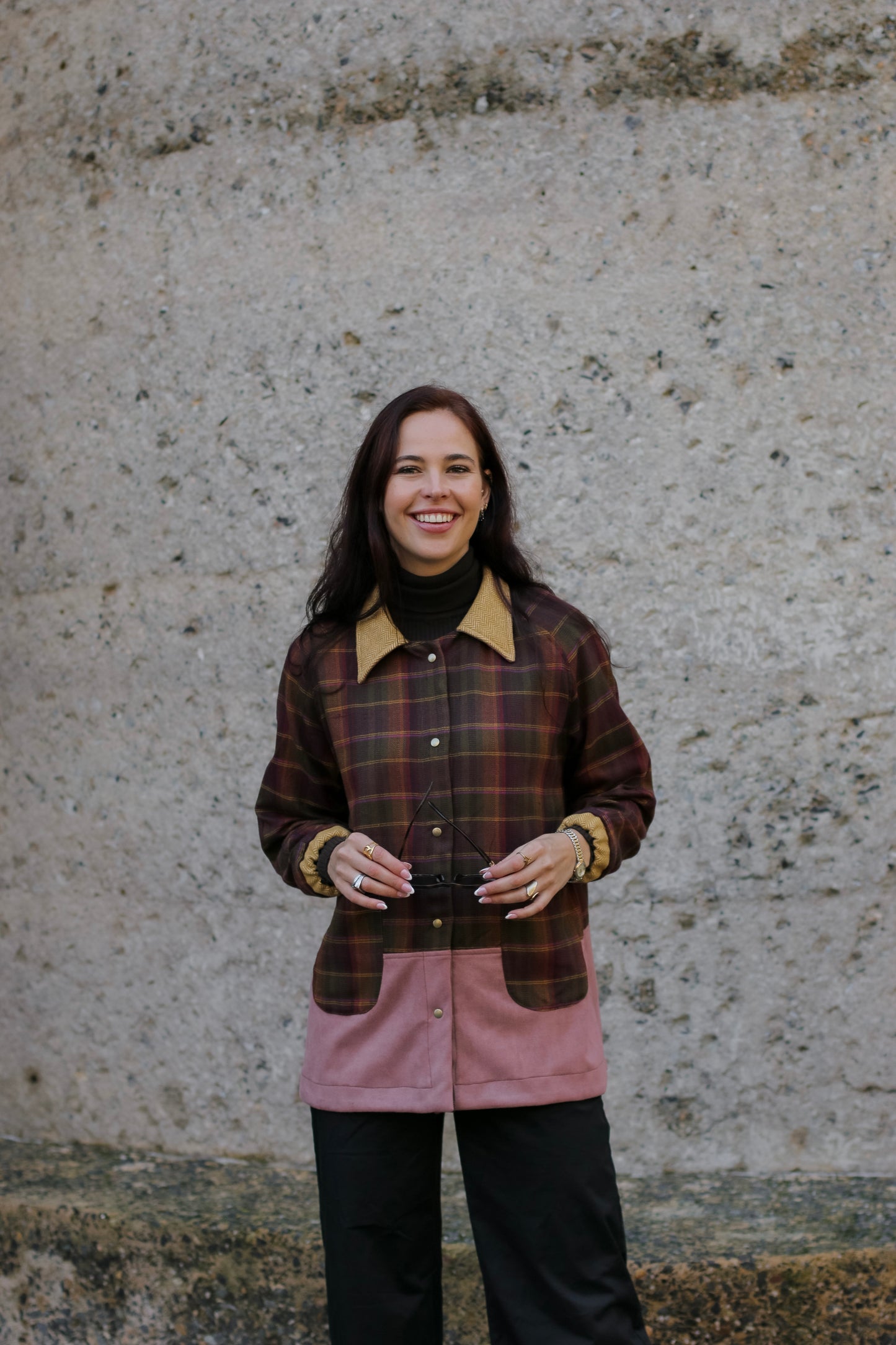 Adore Raglan Sleeve Long Jacket - Multi-colour Check & Pink Suede Scuba (S/M) - ONE OF A KIND