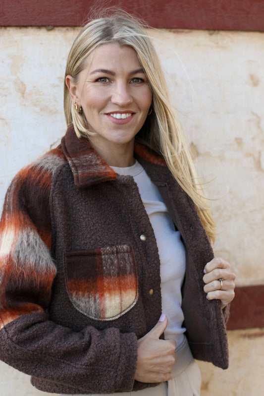 Adore Crop Raglan Jacket- Rust Check & Chocolate Teddy (S/M) - ONE OF A KIND