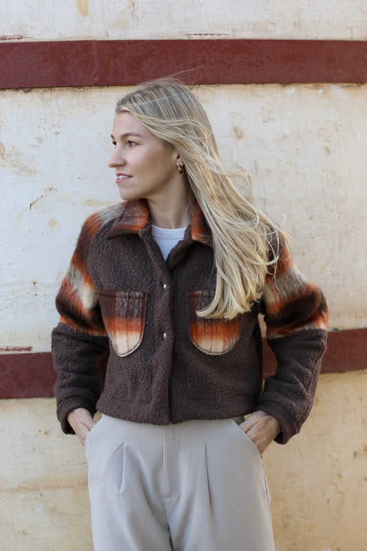 Adore Crop Raglan Jacket- Rust Check & Chocolate Teddy (S/M) - ONE OF A KIND