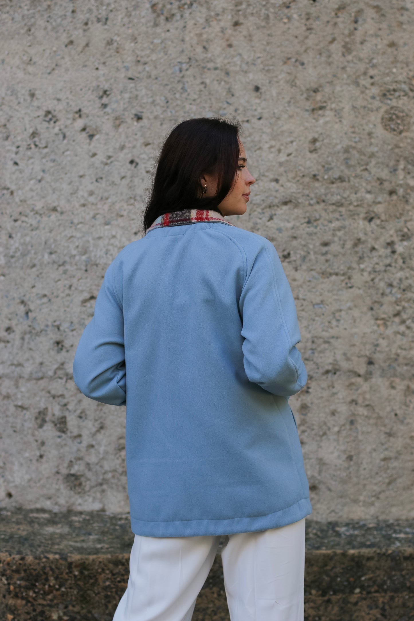 Adore Raglan Sleeve Long Jacket - Sky blue Melton & Urban Check (S/M) - ONE OF A KIND