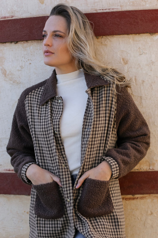 Adore Raglan Sleeve Long Jacket - Chocolate Teddy & Houndstooth (M/L) - ONE OF A KIND