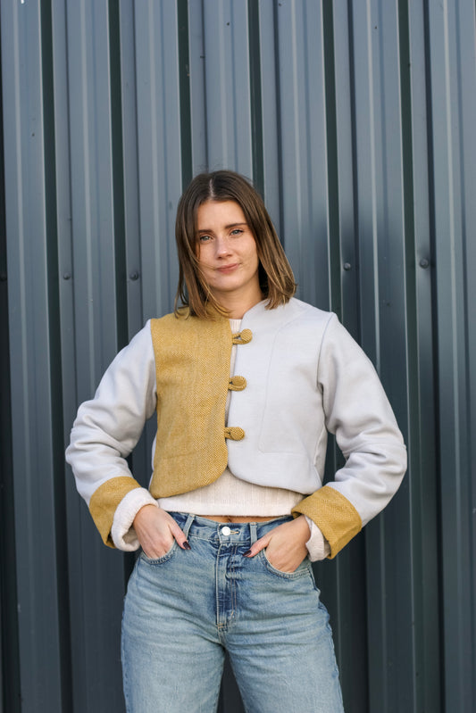 Adore Cover Button Crop Jacket - Half Mustard & Half Grey (S/M)- ONE OF A KIND