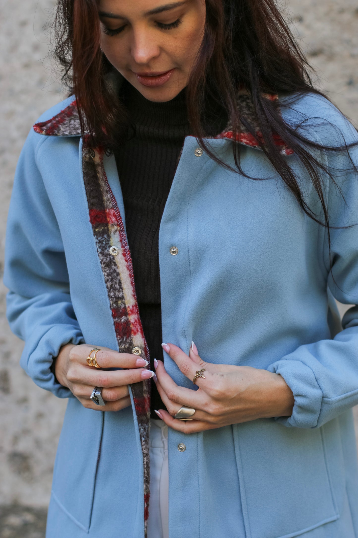 Adore Raglan Sleeve Long Jacket - Sky blue Melton & Urban Check (S/M) - ONE OF A KIND