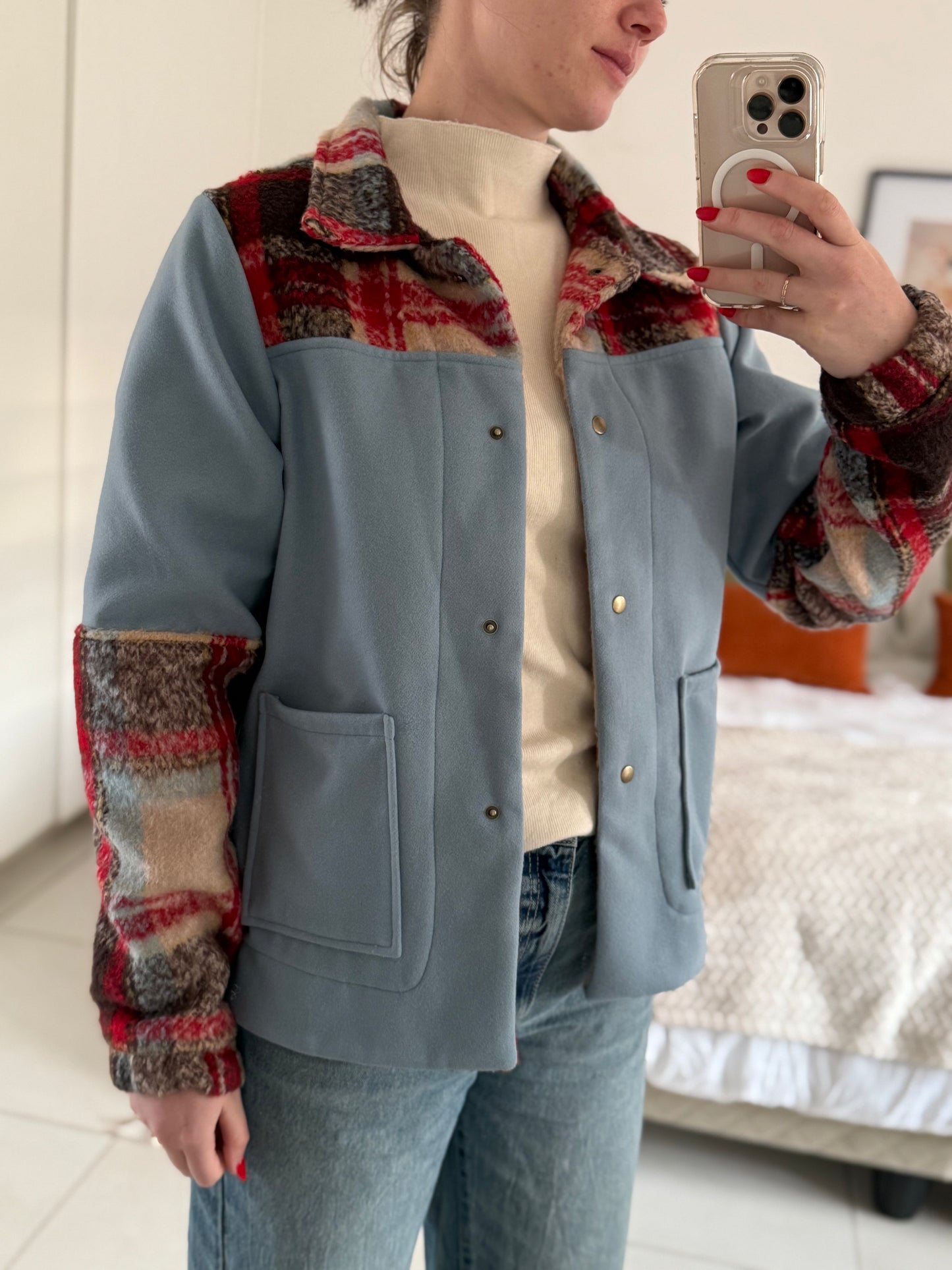 Adore Jacket With Collar - Sky Blue & Check (S/M) - ONE OF A KIND