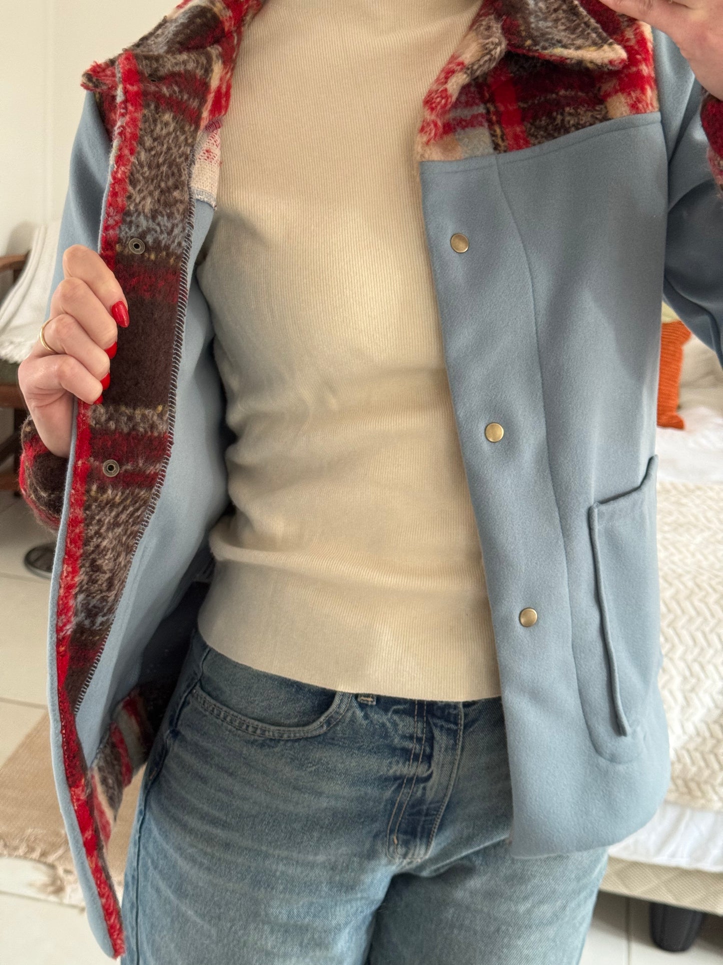 Adore Jacket With Collar - Sky Blue & Check (S/M) - ONE OF A KIND
