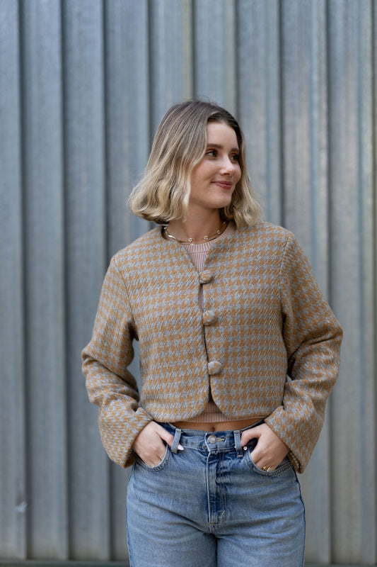 Golden Mustard & Light Grey Houndstooth Crop Jacket- 100% Wool (Lined)