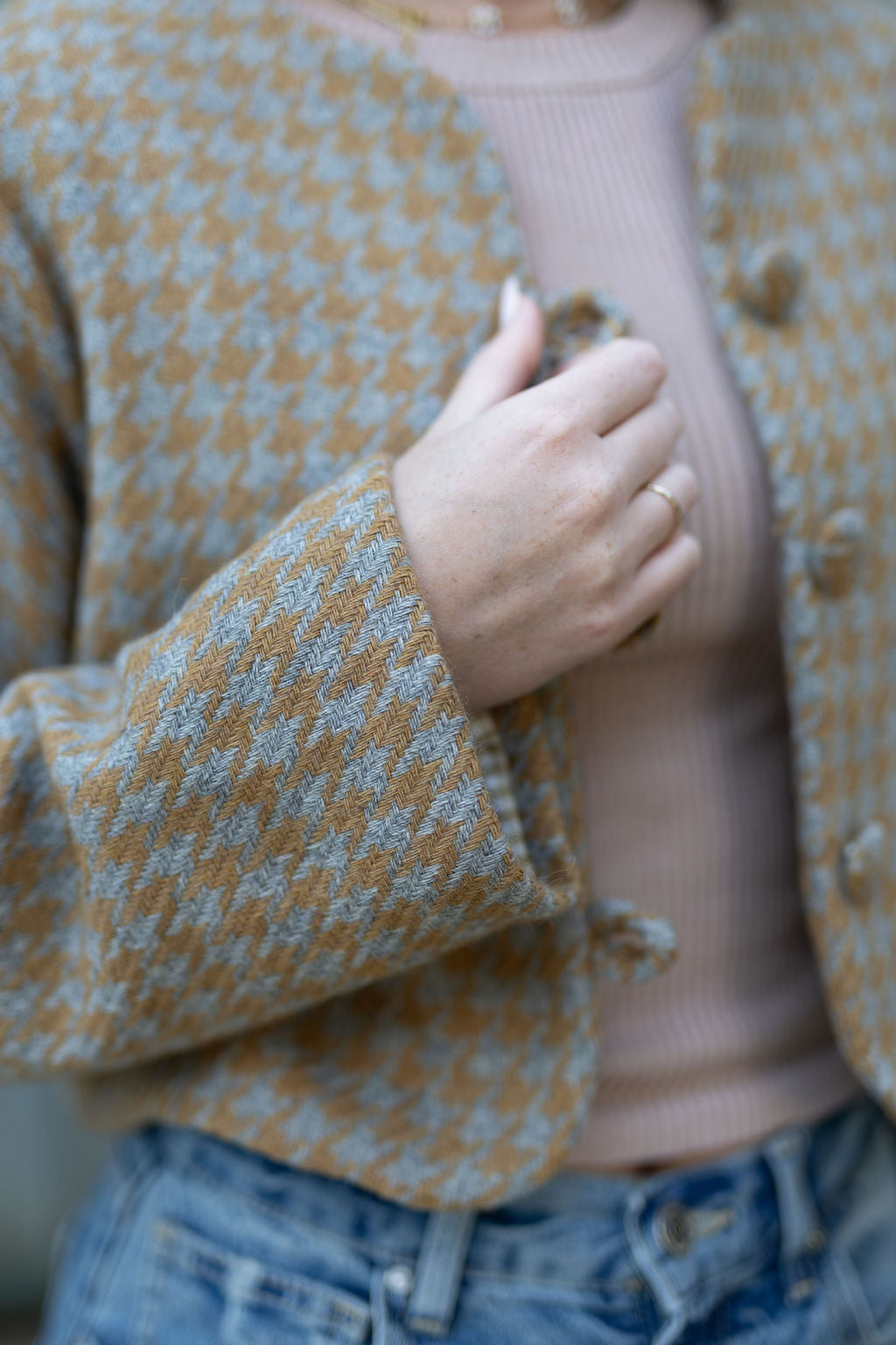 Golden Mustard & Light Grey Houndstooth Crop Jacket- 100% Wool (Lined)