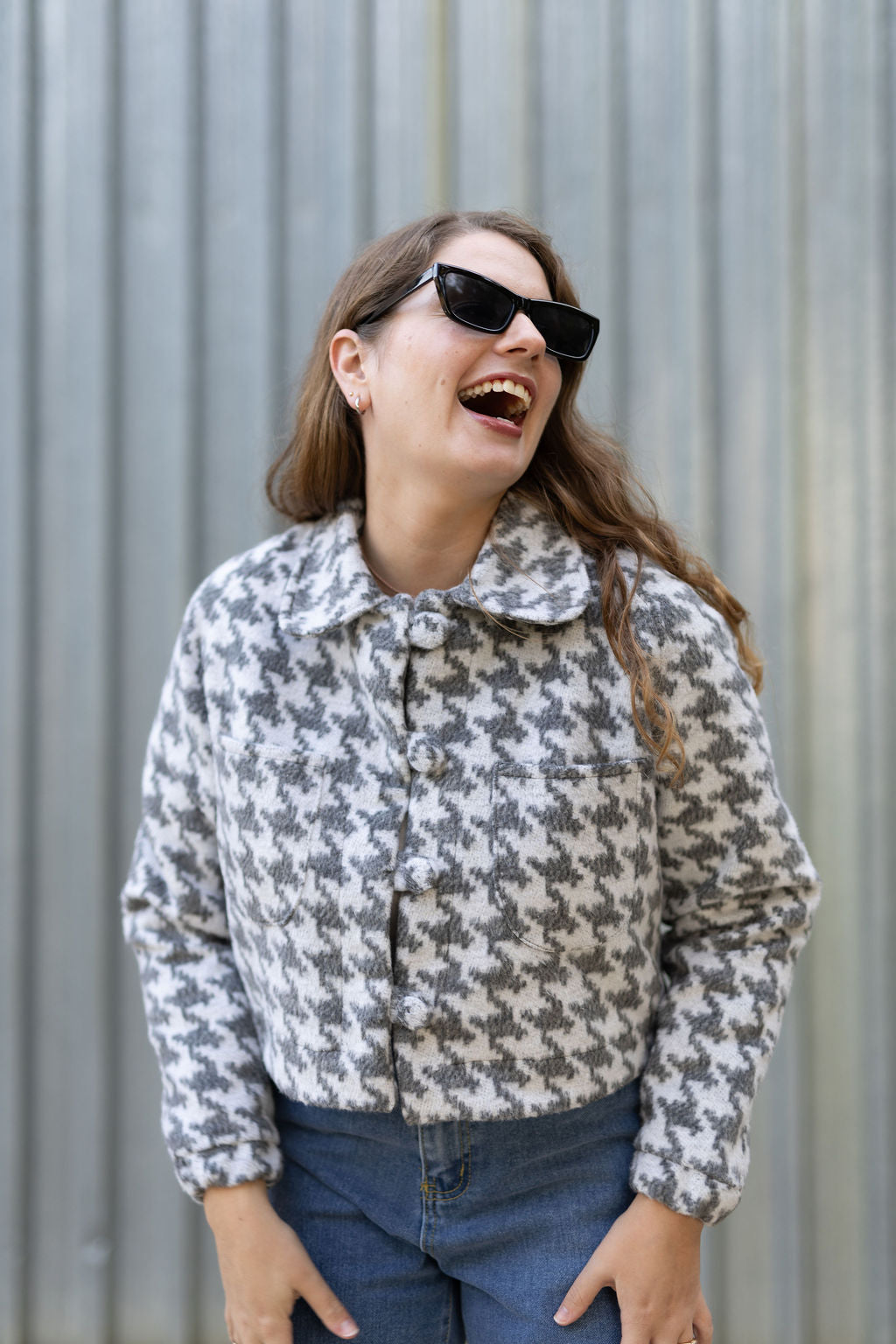 Grey Houndstooth Raglan Crop Jacket