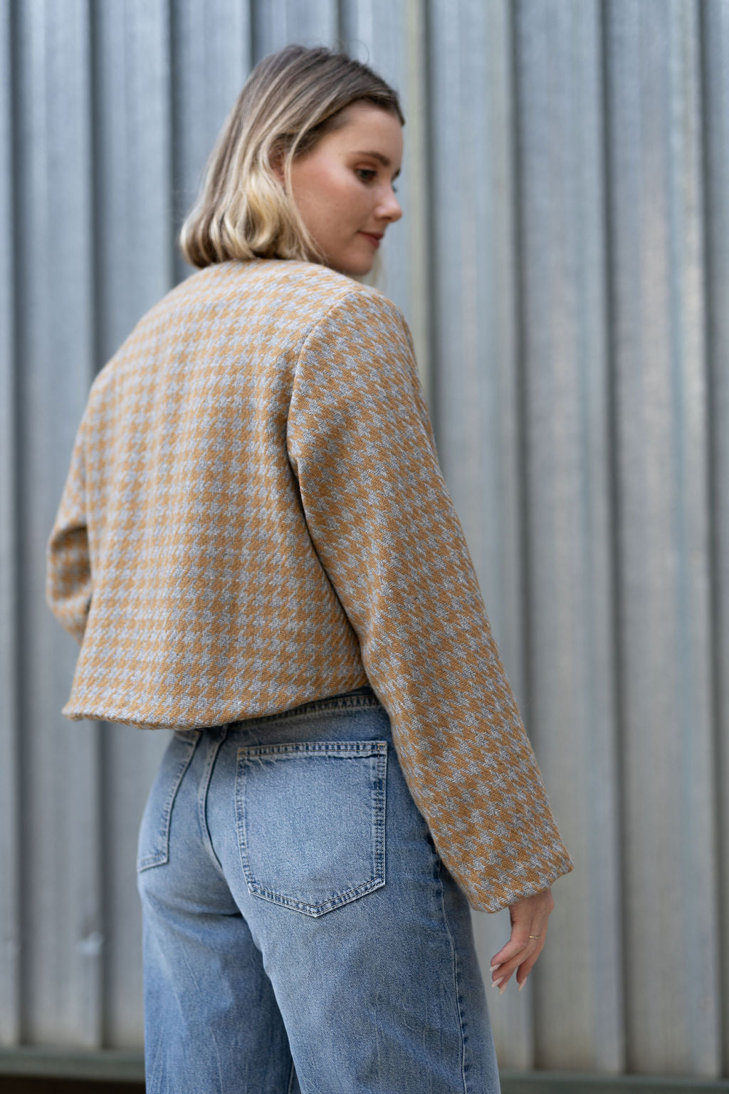 Golden Mustard & Light Grey Houndstooth Crop Jacket- 100% Wool (Lined)