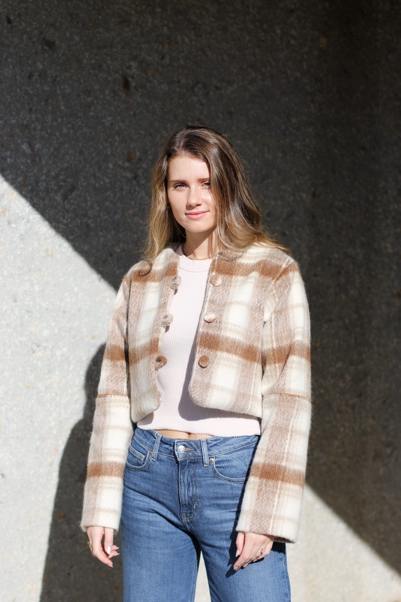 Beige & Brown Check - Crop Lined Jacket