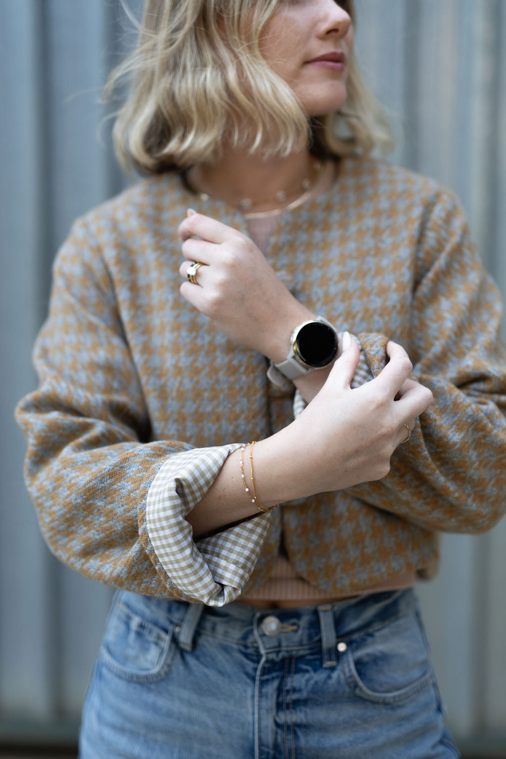 Golden Mustard & Light Grey Houndstooth Crop Jacket- 100% Wool (Lined)