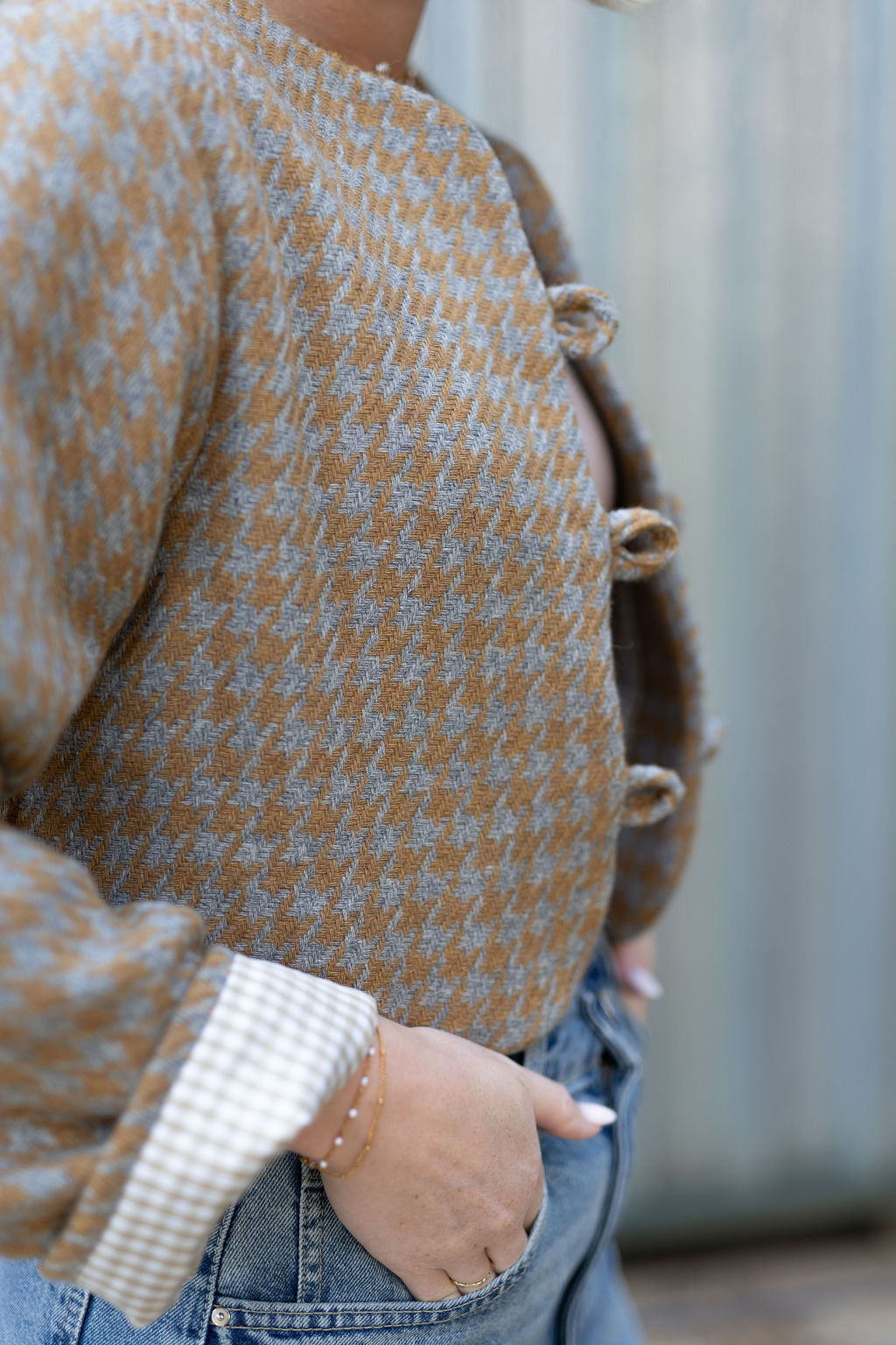 Golden Mustard & Light Grey Houndstooth Crop Jacket- 100% Wool (Lined)