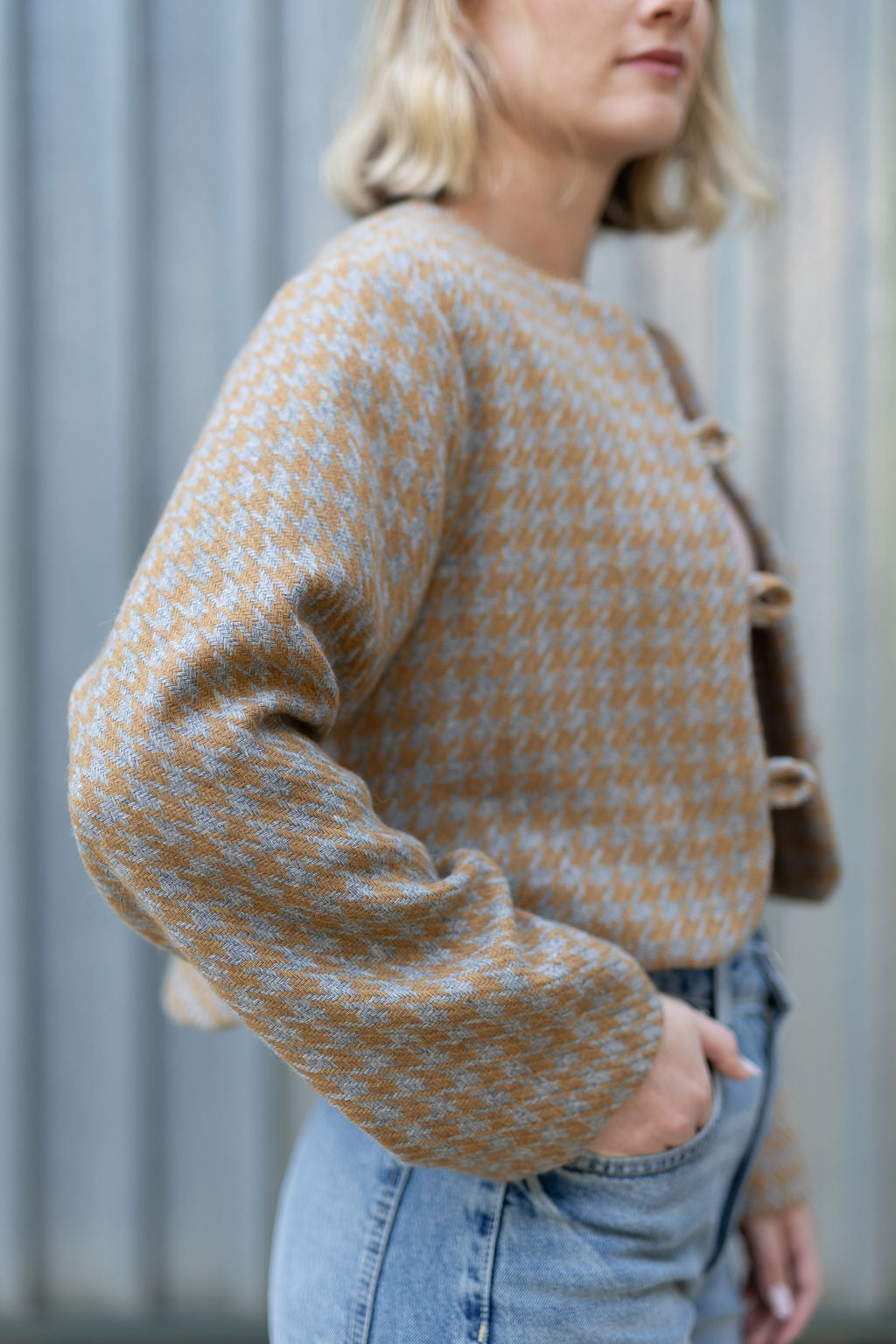Golden Mustard & Light Grey Houndstooth Crop Jacket- 100% Wool (Lined)