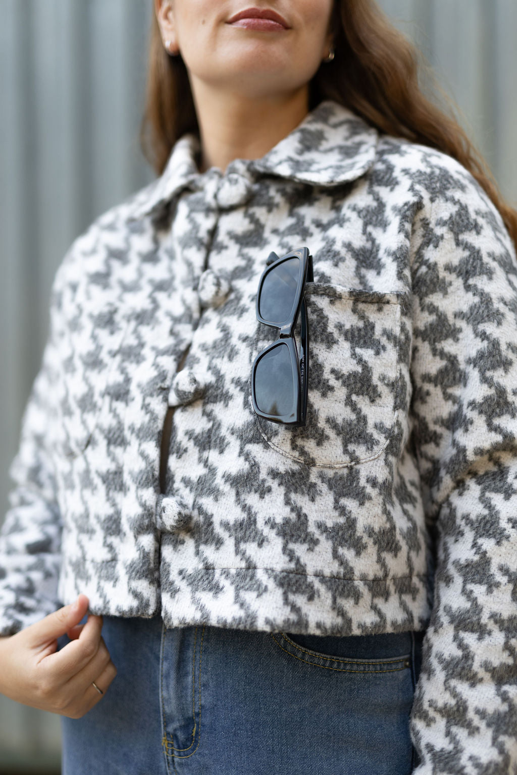 Grey Houndstooth Raglan Crop Jacket