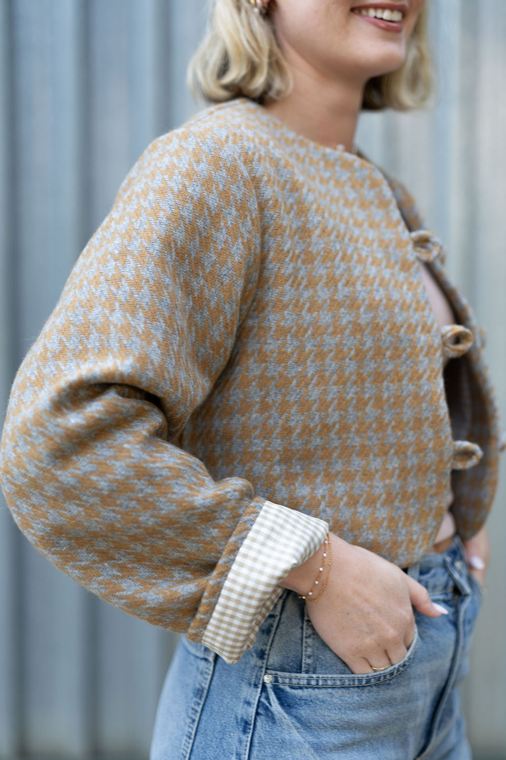Golden Mustard & Light Grey Houndstooth Crop Jacket- 100% Wool (Lined)