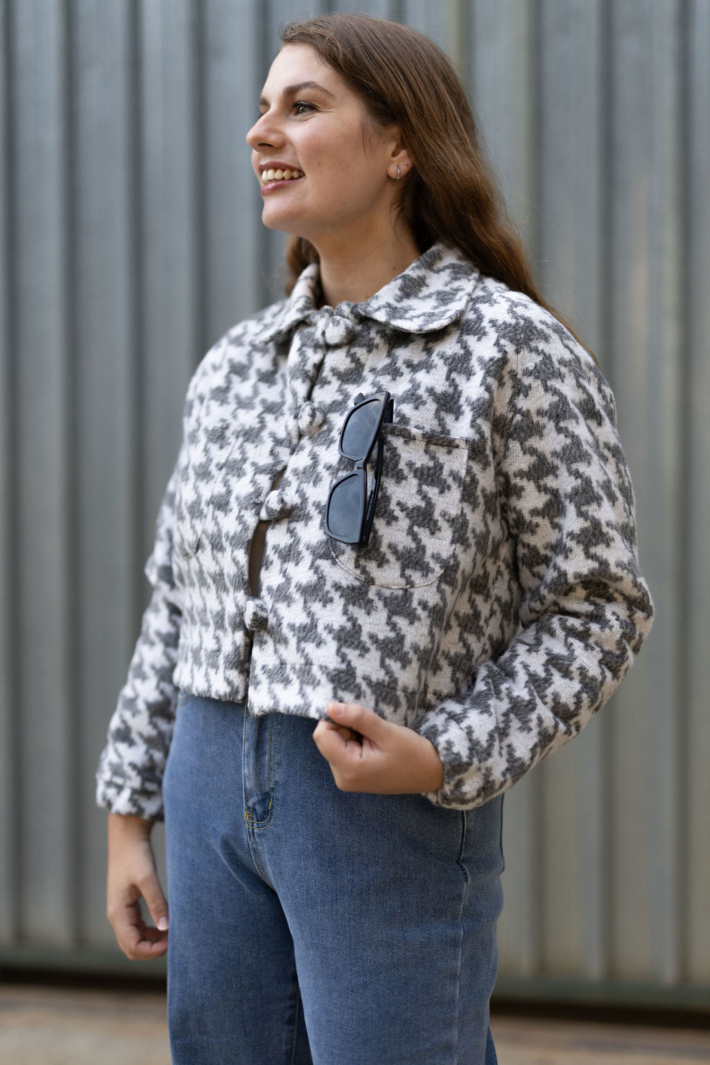 Grey Houndstooth Raglan Crop Jacket