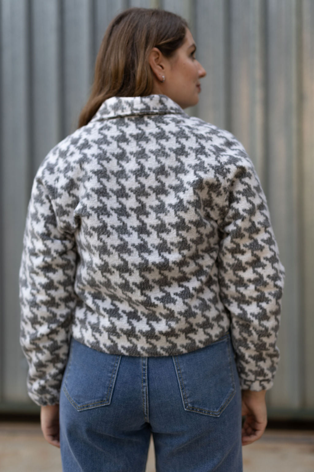 Grey Houndstooth Raglan Crop Jacket
