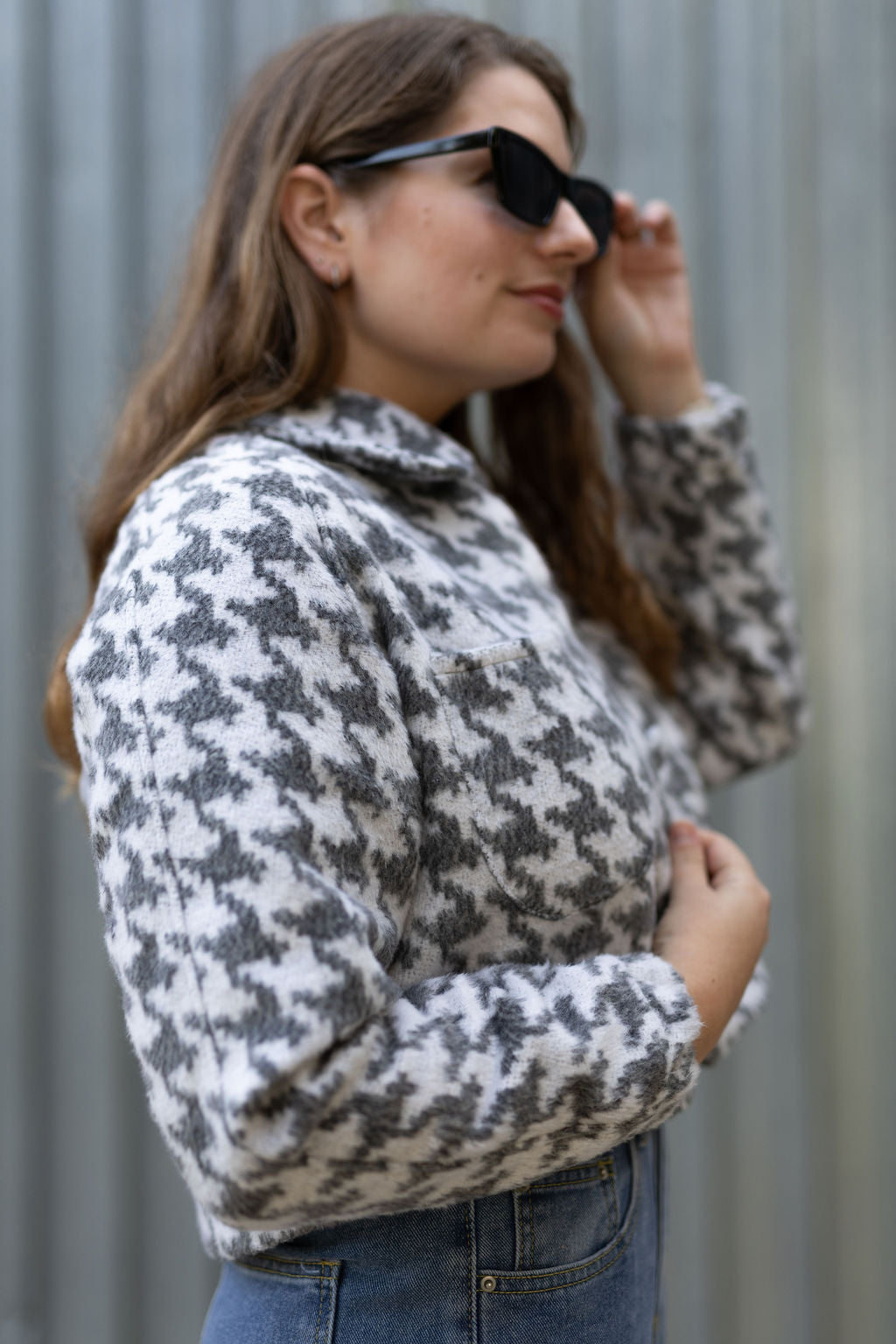 Grey Houndstooth Raglan Crop Jacket