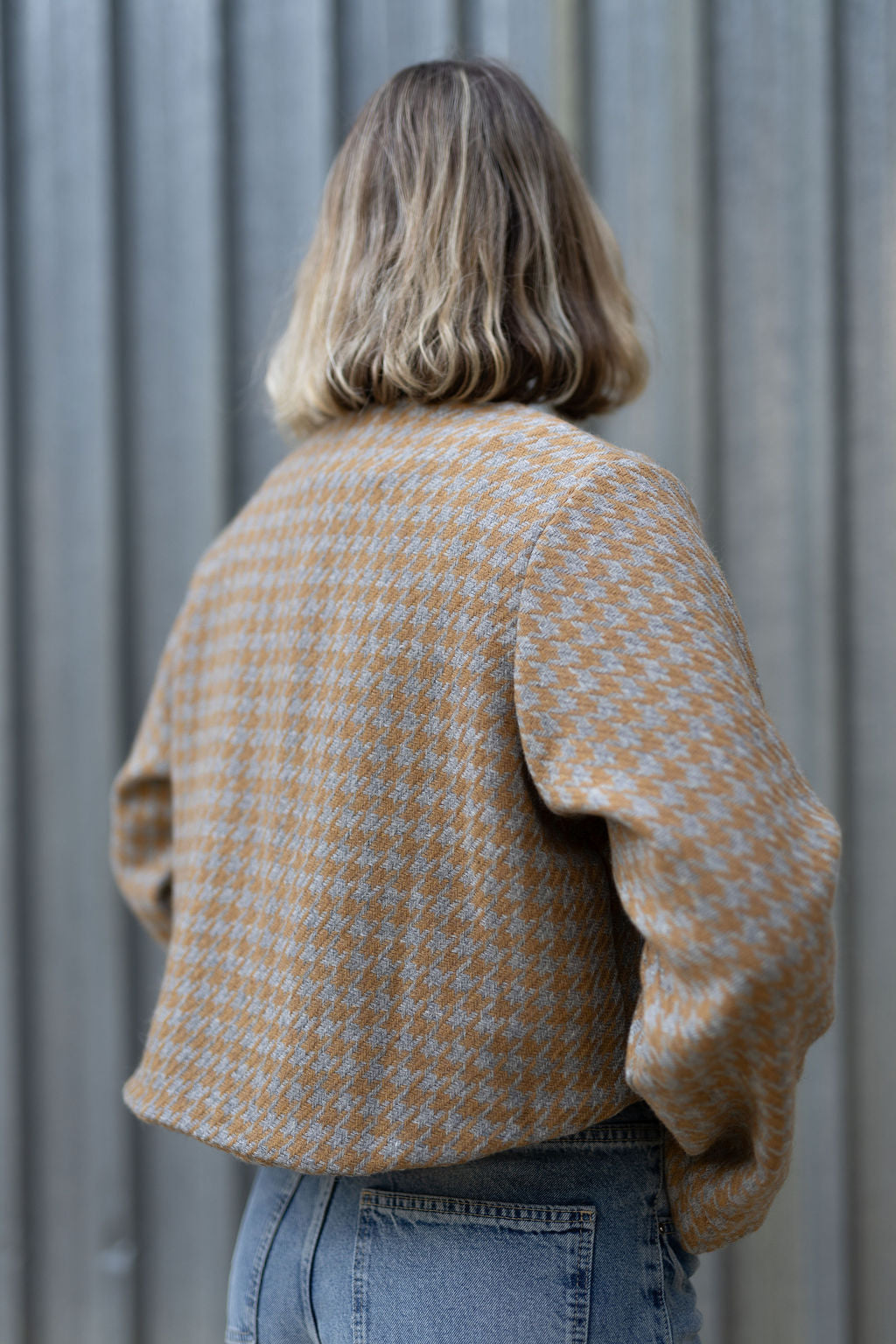 Golden Mustard & Light Grey Houndstooth Crop Jacket- 100% Wool (Lined)